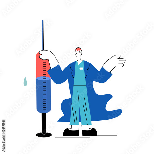 Worker in protective clothes holding syringe with vaccine. Time to get vaccinated against disease concept. Protection from coronavirus outbreak. Vector flat illustration in cartoon style