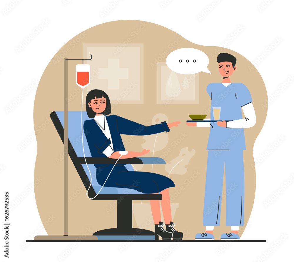 Male medical worker holding soup and talking with female. Lady donate blood for people in need. Medical center for blood collection. Lifesaving impact of blood concept. Flat vector Male medical worker holding soup and talking with female. Lady donate blood for people in need. Medical center for blood collection. Lifesaving impact of blood concept. Flat vector
