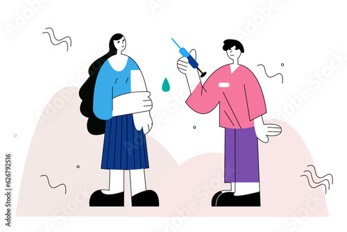 Young lady come to hospital, ready for vaccine. Disease protection for adults and children. Protection from coronavirus outbreak. Time to get vaccinated. Vector flat illustration in cartoon style