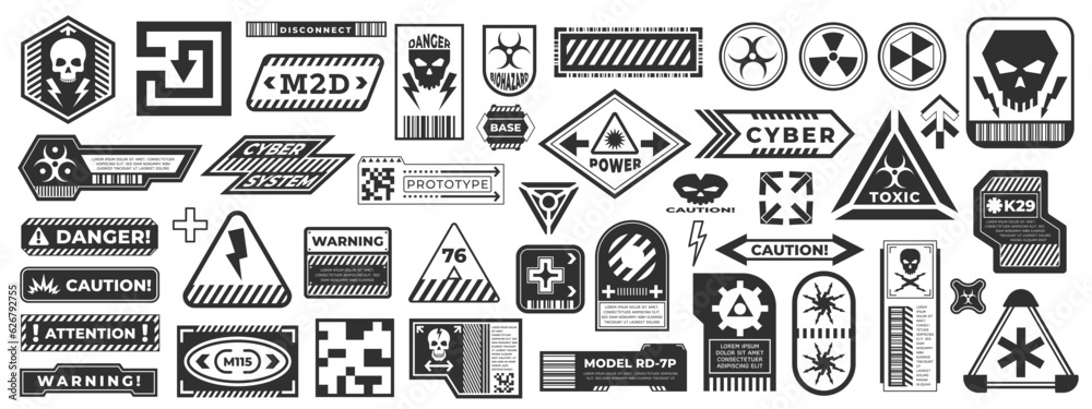 Cyberpunk black stickers. Danger warning label with AI control, extreme futuristic warning sign. Secure area frame banner. Vector decals isolated set