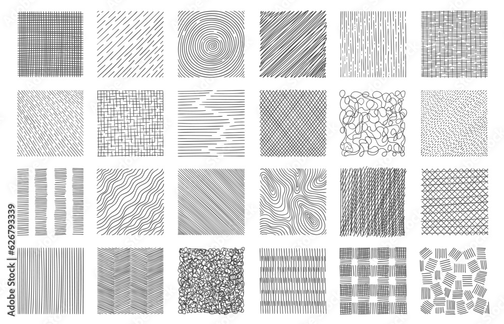 Hand drawn hatching. Hatched squaresdrawing technic, geometric shapes crosshatch strokes, simple doodle sketch design elements. Vector isolated set - obrazy, fototapety, plakaty 