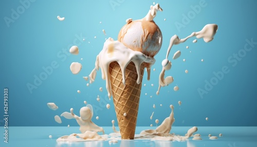Creamy Delight: Ice Cream Swirls on a Refreshing Blue Background, Generative AI