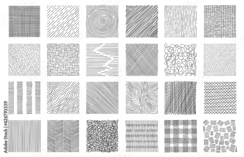Hand drawn hatching. Hatched squaresdrawing technic, geometric shapes crosshatch strokes, simple doodle sketch design elements. Vector isolated set photo