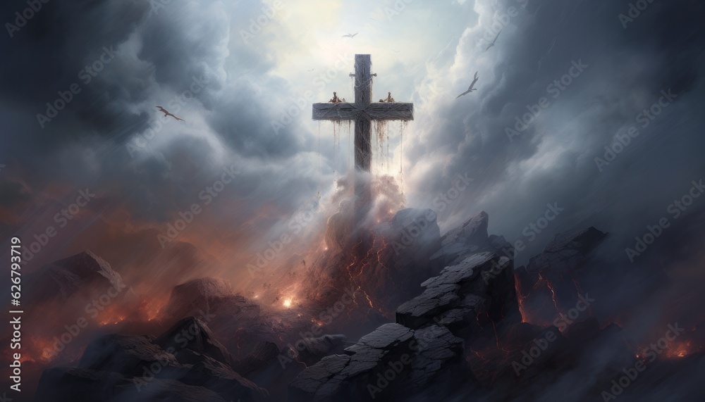 Obraz premium Divine Cross in the Clouds - A Symbol of Hope and Salvation, Generative AI