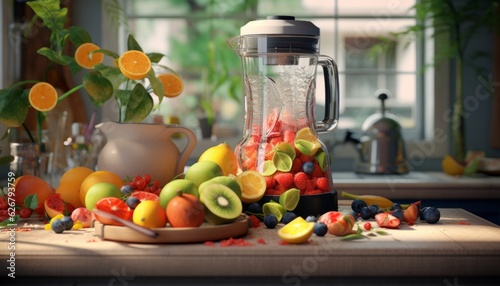 Fresh and Vibrant Fruit Blender in a Modern Kitchen with Copy Space, Generative AI