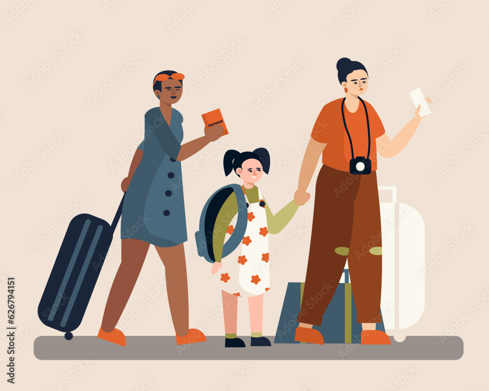 American lady, mother with daughter waiting in line to check tickets. Multicultural cartoon tourists with trolley bags and suitcases waiting to board plane. Flat vector illustration in warm colors American lady, mother with daughter waiting in line to check tickets. Multicultural cartoon tourists with trolley bags and suitcases waiting to board plane. Flat vector illustration in warm colors