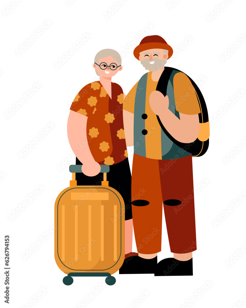 Adult couple with trolley bag waiting for transport. Adult people resting on summer vacations. Tourist traveling concept. Flat vector illustration in yellow colors Adult couple with trolley bag waiting for transport. Adult people resting on summer vacations. Tourist traveling concept. Flat vector illustration in yellow colors