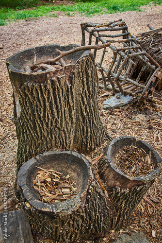 Campsite with stump carved out for cooking with bowls and nearby woven basket and snare traps photo