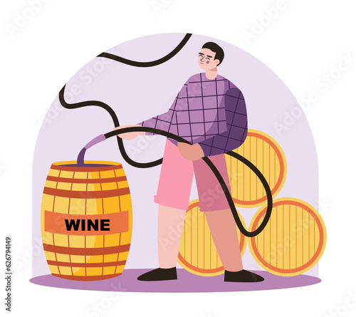 Man holding hose and pouring grape juice. Winemaking process with natural grapes. Beverage production industry. Making organic drink. Vector flat illustration in purple and pink colors