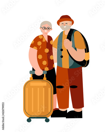 Adult couple with trolley bag waiting for transport. Adult people resting on summer vacations. Tourist traveling concept. Flat vector illustration in yellow colors