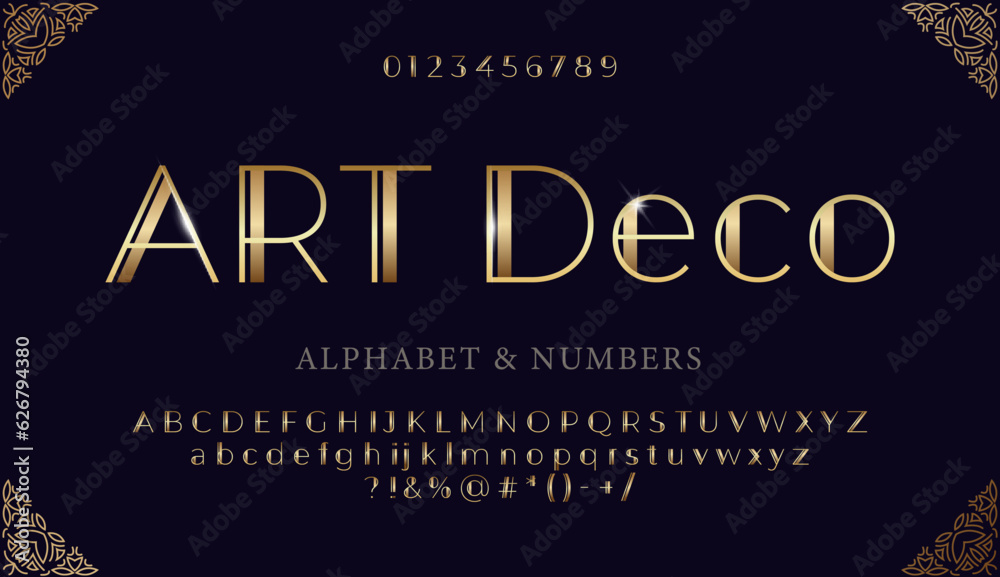 Elegant gold alphabet in art deco style. Font with signs and symbols Elegant gold alphabet in art deco style. Font with signs and symbols