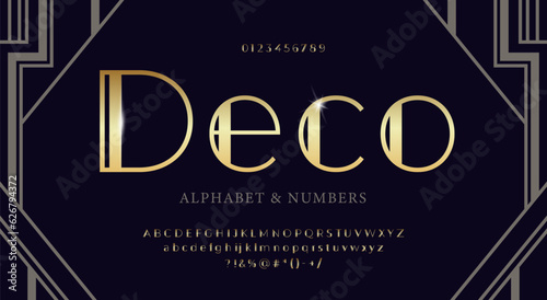Elegant gold alphabet in art deco style. Font with signs and symbols
