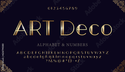 Elegant gold alphabet in art deco style. Font with signs and symbols