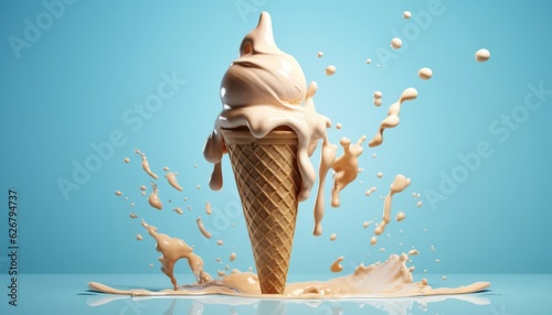 Colorful Splashing Ice Cream Cone 3D Illustration Background with Vibrant Flavors, Delicious Toppings, and Copy Space, Generative AI