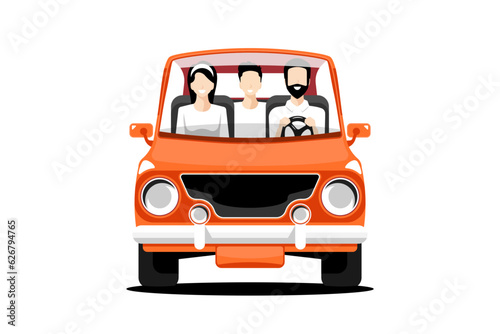 Family human in orange personal car on isolated background, Vector illustration.