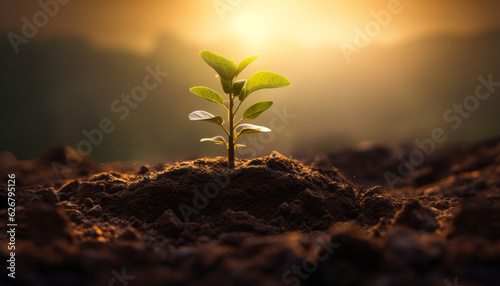 Tree Sprouting in Dirt at Sunset HD - Nature's Majestic Transformation, Generative AI