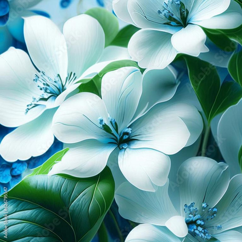 White and blue flowers with green stems and leaves.