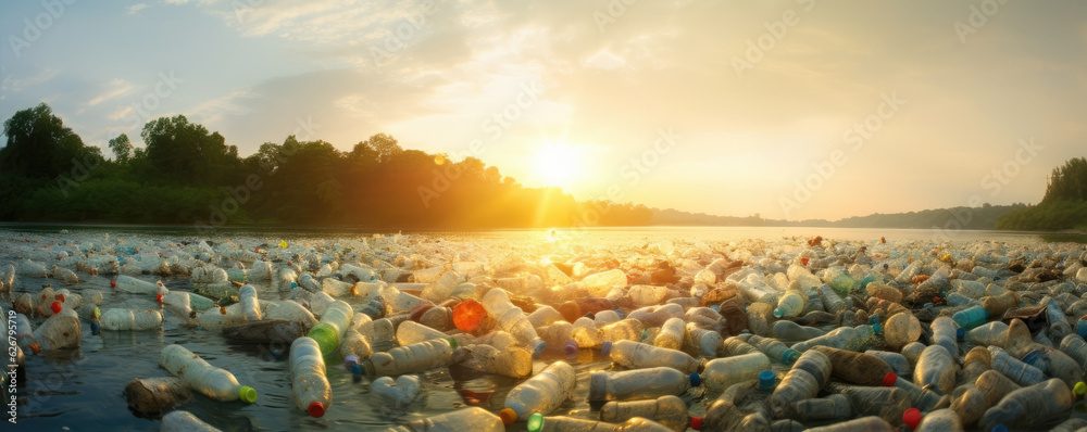 Polluted lake or river. Lot of plastic bottles or garbage in water. - obrazy, fototapety, plakaty 