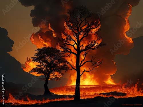 Un árbol solitario envuelto en un furioso infierno de llamas