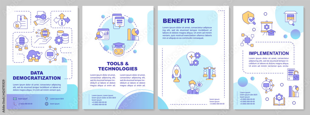 2D data democratization multicolor brochure template, leaflet design with thin line icons, 4 vector layouts.