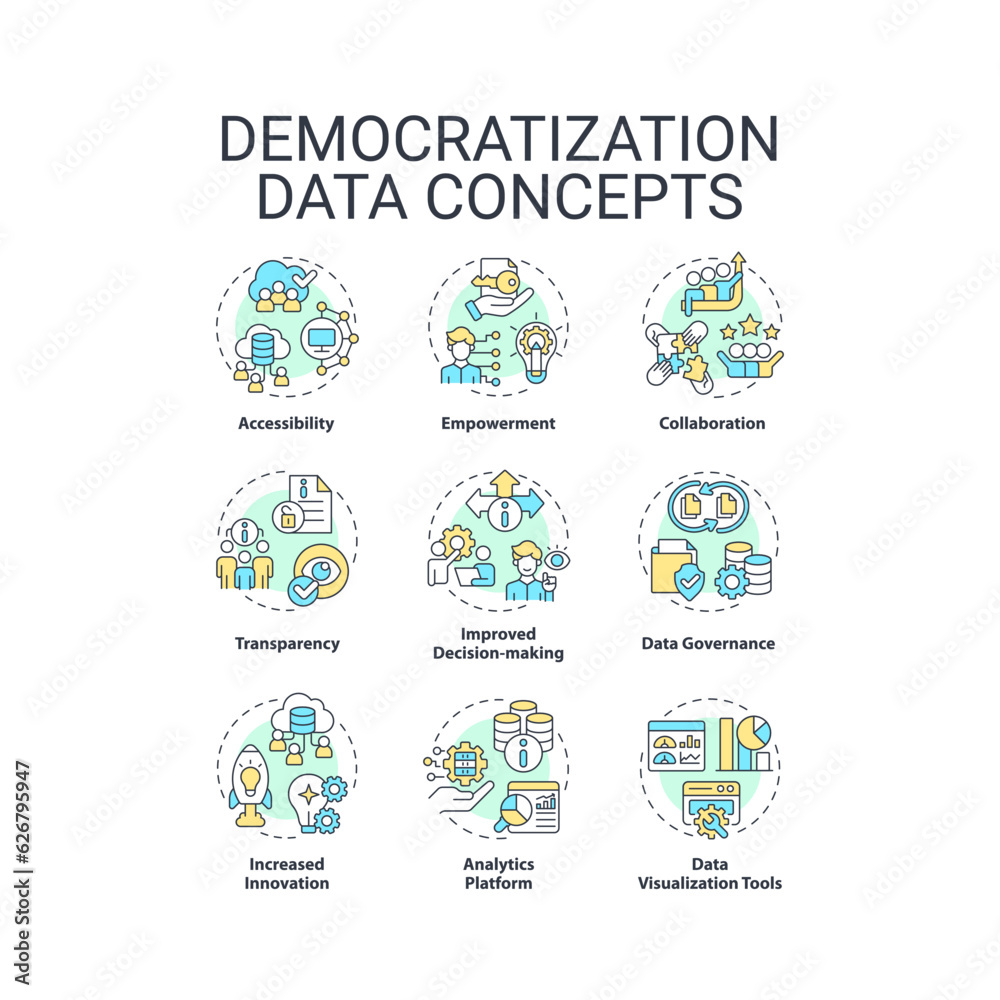 2D icons set representing data democratization concepts, isolated vector, thin line illustration. 2D icons set representing data democratization concepts, isolated vector, thin line illustration.