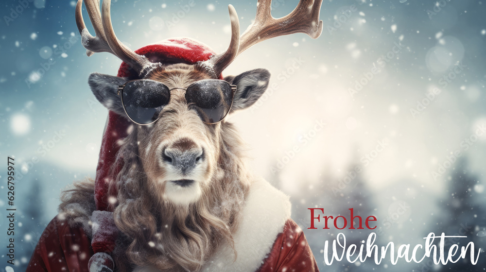 Frohe Weihnachten Urlaub Winter Hintergrund Grußkarte mit deutschem Text - Cooler Rentier Weihnachtsmann mit Sonnenbrille, Winterlandschaft, Schneeflocken und Sonne Bokeh (Generative Ai)