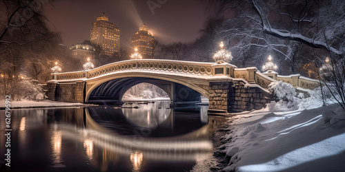 Bow Bridge in winter season, Central Park - NYC - Generative AI