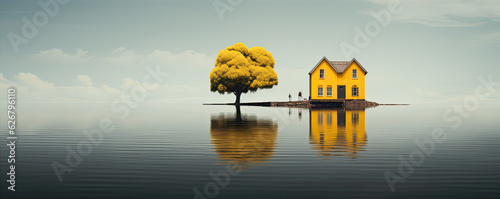 An old yellow house on the edge of lake or water. photo