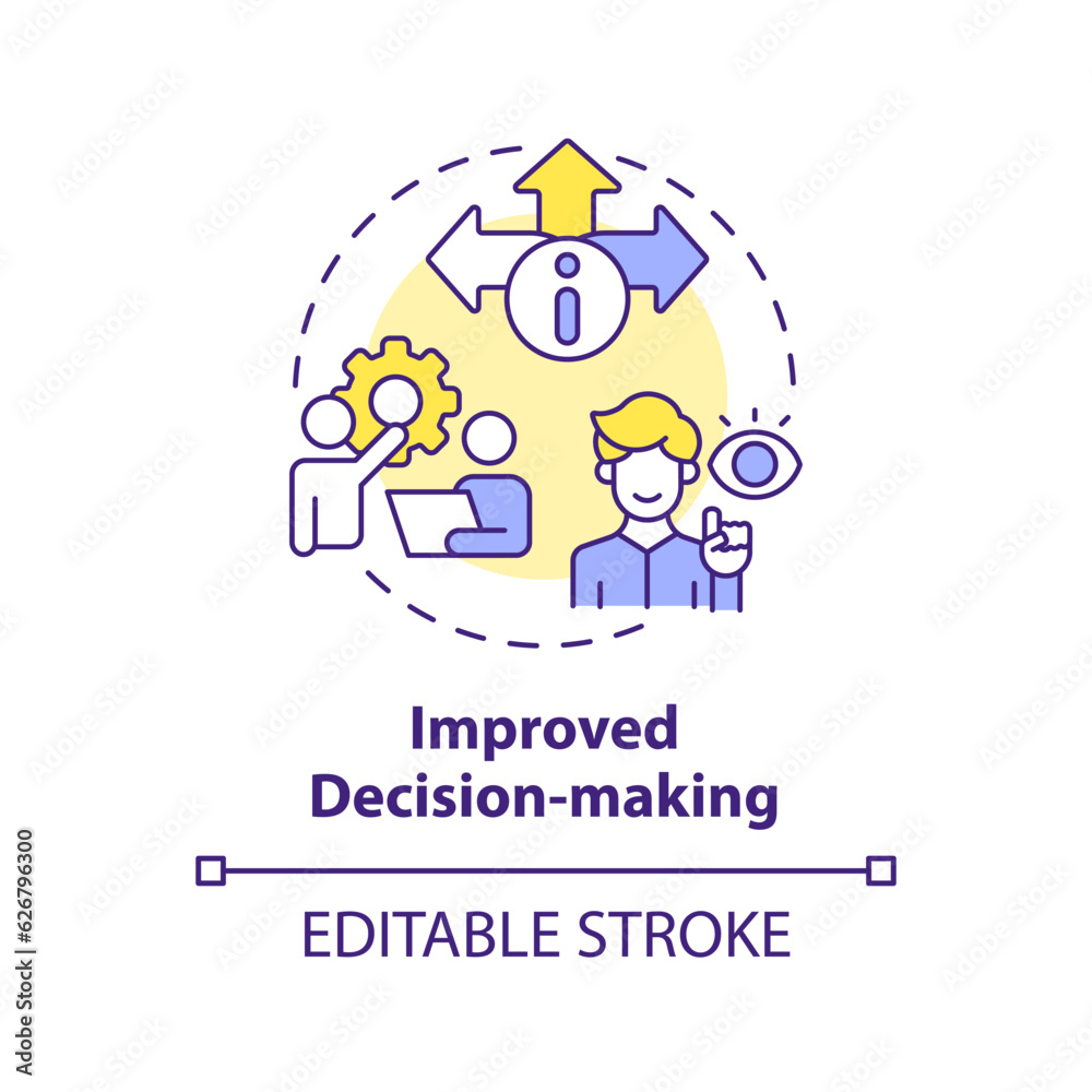 Editable improved decision-making concept thin line icon, isolated vector representing data democratization.