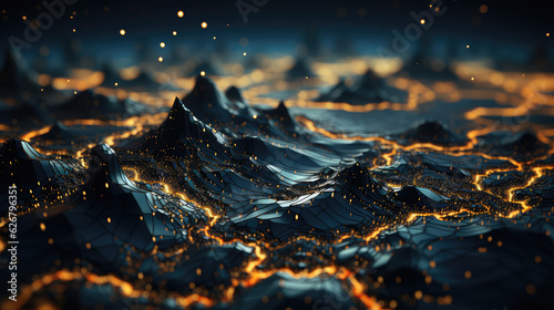 Fantasy alien planet. Abstract Mountain and golden lake. created with generative AI technology.