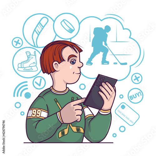 Hockey player chooses sportswear, skates and equipment. Cartoon character holding smartphone and buying sport product. Buyer ordering goods via smartphone. Flat vector illustration