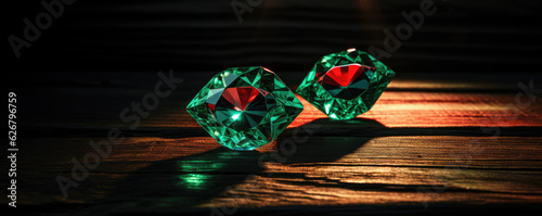 diamond illustration, red green crystal on wide background. panoramatic picture. photo