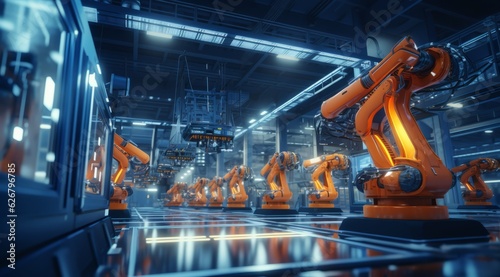 Futuristic Robotic Arms in a High-Tech Factory Floor, Generative AI