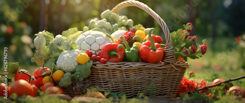 Bountiful Harvest: Basket Overflowing with Fresh Vegetables in a Lush Field, Generative AI