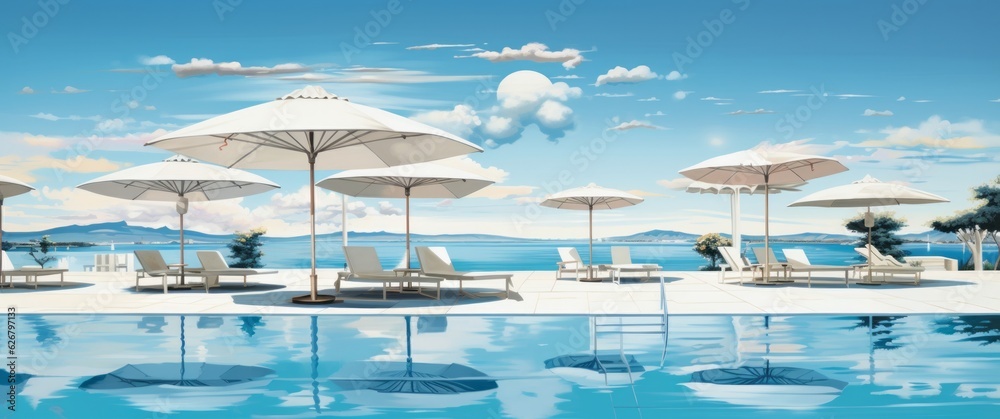 Relaxing Lounge by the Pool with Colorful Umbrellas and Sunbeds, Summer Vibes, Copy Space, Generative AI