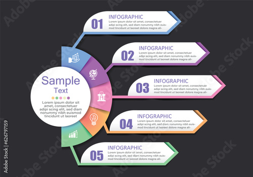 5 level step infographic vector in circles and semicircles with link box left side of circle on dark gray background for presenting management education finance and finance modern style.