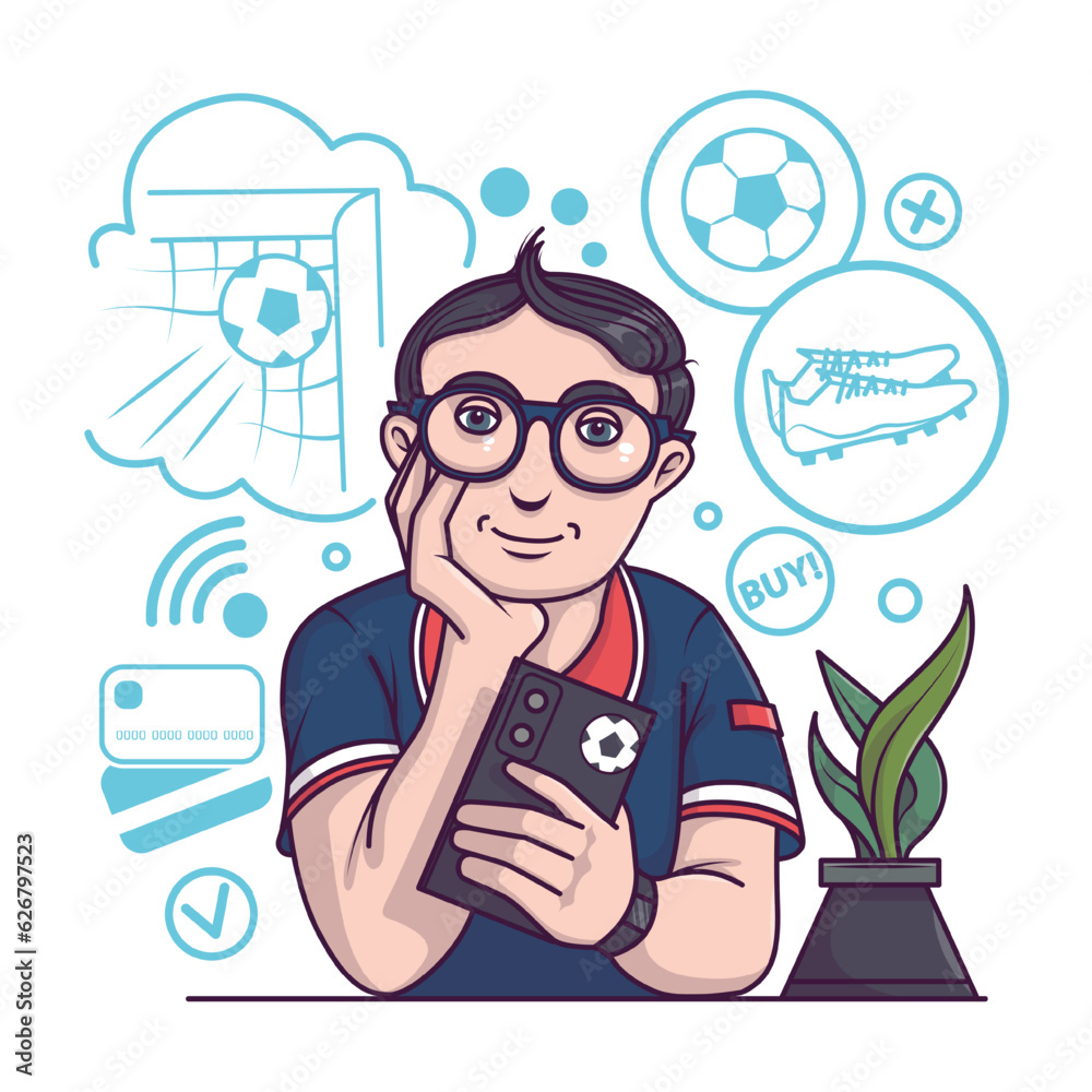 Naklejka premium Football player chooses sportswear, shoes and equipment. Cartoon character holding smartphone and buying sport product. Buyer ordering goods via smartphone. Flat vector illustration