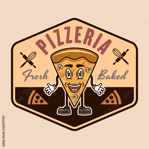 Pizzeria vector emblem  logo  badge or label with pizza piece cartoon character in colored style on light background