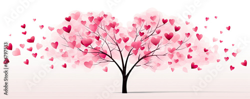 Pink red tree with heart leaves isolated. wide banner photo
