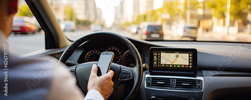 Car driver using GPS navigation in mobile phone.