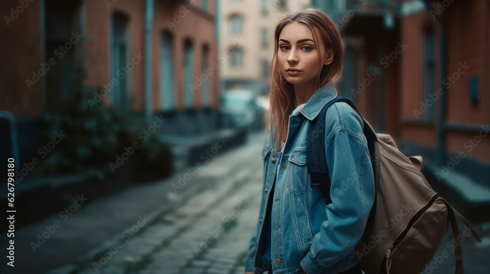 young tourist woman with backpack on the street, generative ai