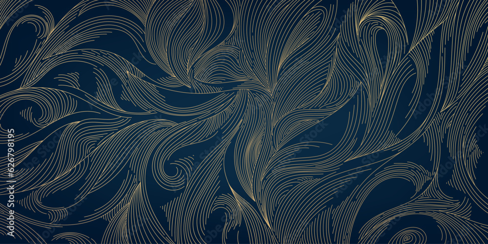 Vector line gold pattern background, wavy hand drawn luxury art deco illustration. Swirls, waves, leaves japanese style design. Dynamic swirl composition.
