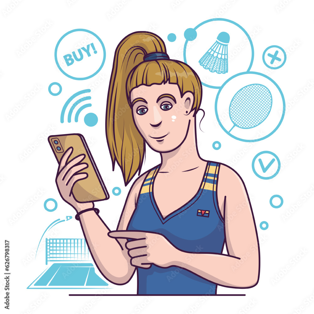 Young female looking for sports equipment for tennis. Buyer ordering goods via smartphone. Products for sport and healthy lifestyle. Flat vector illustration in blue colors Young female looking for sports equipment for tennis. Buyer ordering goods via smartphone. Products for sport and healthy lifestyle. Flat vector illustration in blue colors