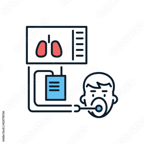 Medical ventilator related vector icon. Ventilator with image of lungs and human head with mask. Medical ventilator sign. Isolated on white background. Editable vector illustration