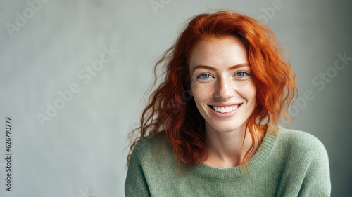 Red-haired woman in 30s with freckles, in studio