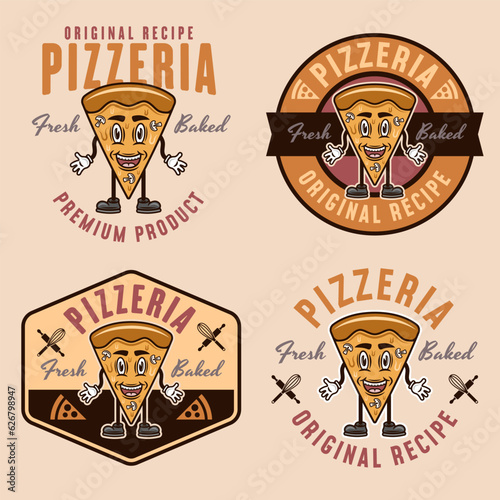 Pizzeria set of vector emblems, logos, badges or labels with pizza piece cartoon character in colored style on light background