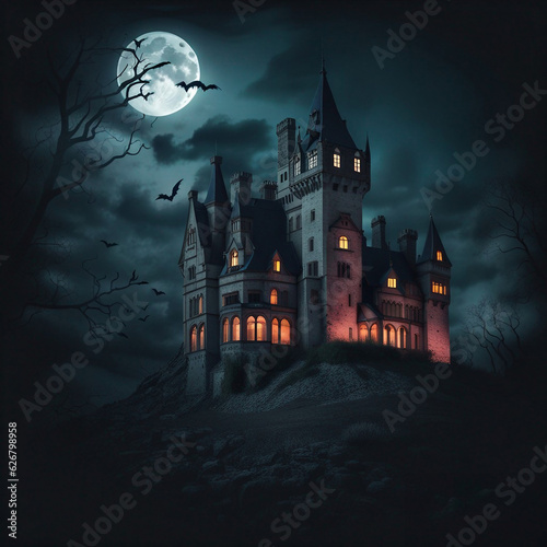 Haunted Gothic castle at night. Old spooky house in full moon. Creepy view of dark mystery castle with bats. Scary gloomy scene for Halloween theme. Horror and terror concept.
