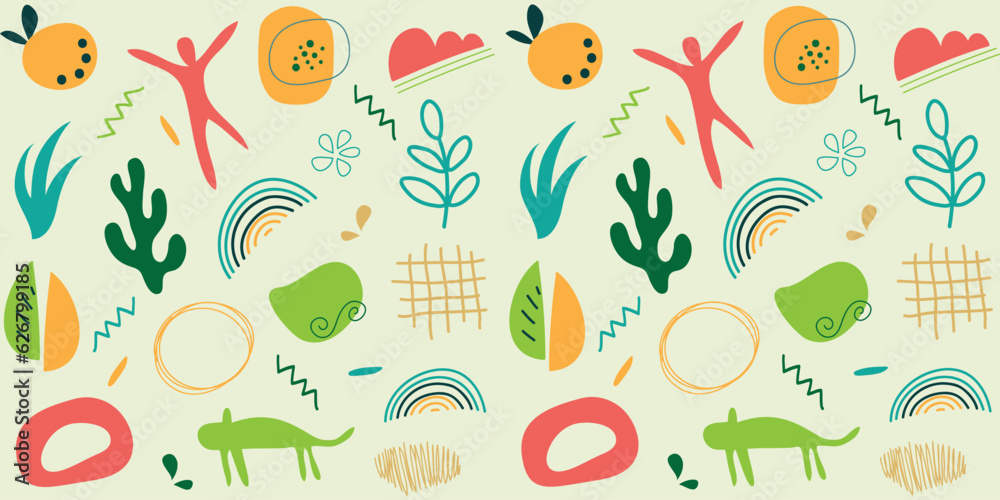 Set of trendy doodles and abstract nature icons on isolated white background. Big summer collection, unusual organic shapes in freehand matisse art style. Including
