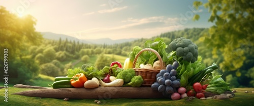 Fresh and Colorful Food Background with Vibrant Fruits, Vegetables, and Herbs, Top View, Copy Space, Generative AI