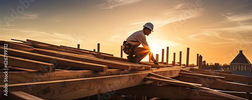 Roof worker or carpenter building a wood structure house construction. photo